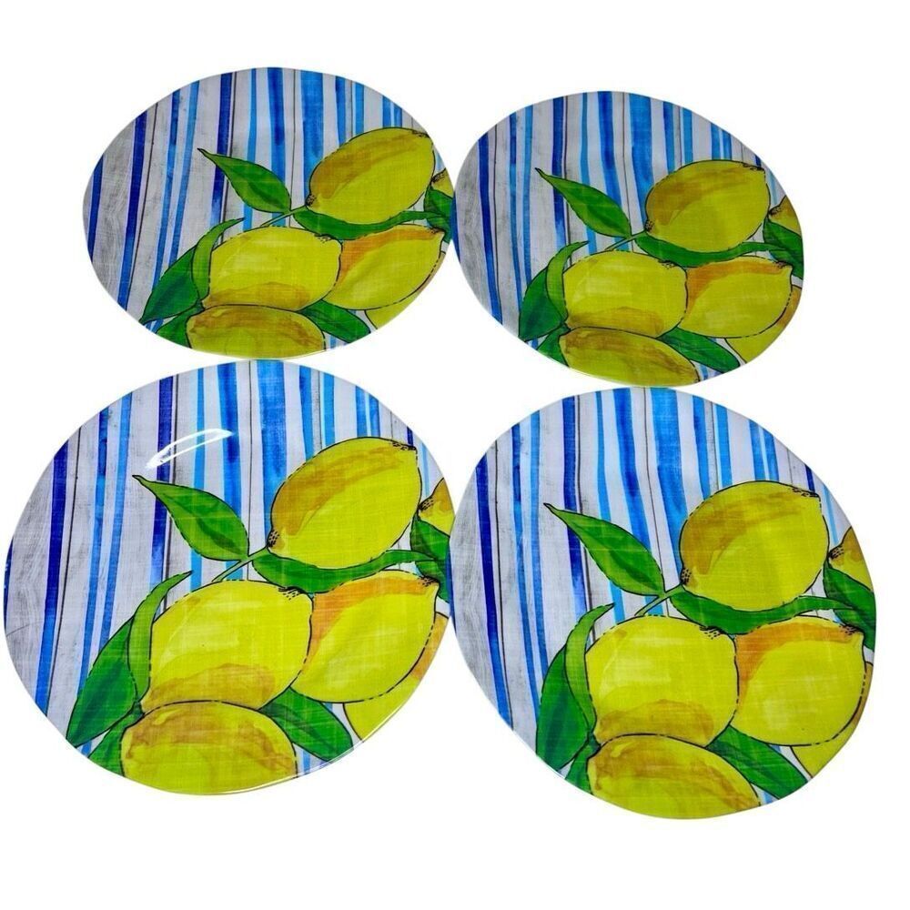 Set of 4 CYNTHIA ROWLEY Lemon and Blue Stripe 9" Melamine Plates